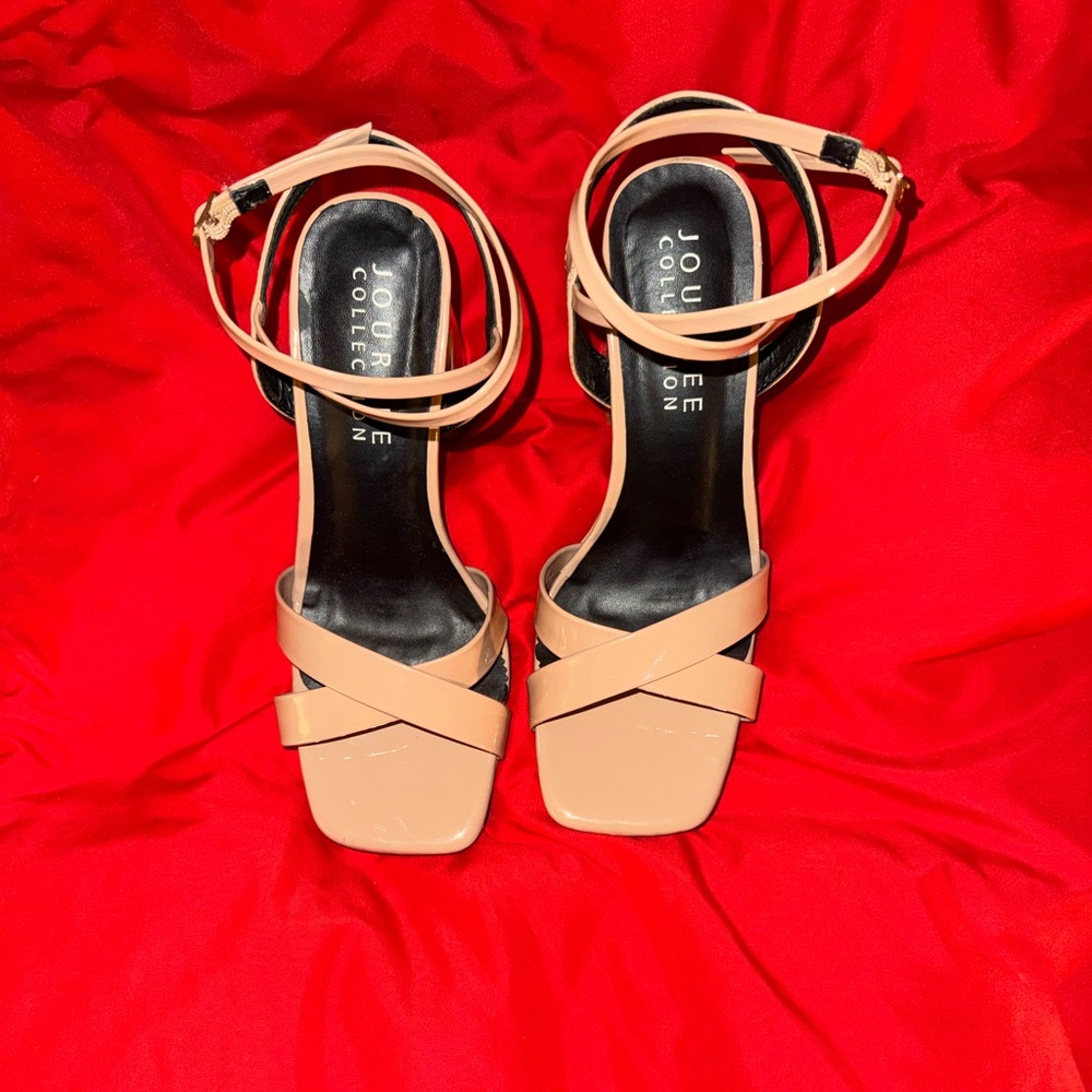 Journee Collection Nude/Tan Strappy Block Heel Sandals